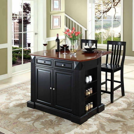 Crosley Furniture Drop Leaf Breakfast Bar Top Kitchen Island Finish with 24" School House Stools