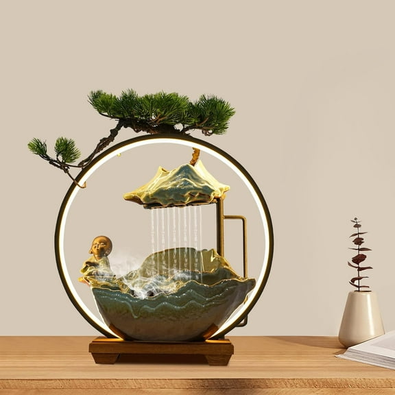 Small Indoor Water Fountain Decoration,Desktop Fountain Meditation Fountain,with Atomizer,and LED Lights,Mini Waterfall Fountain