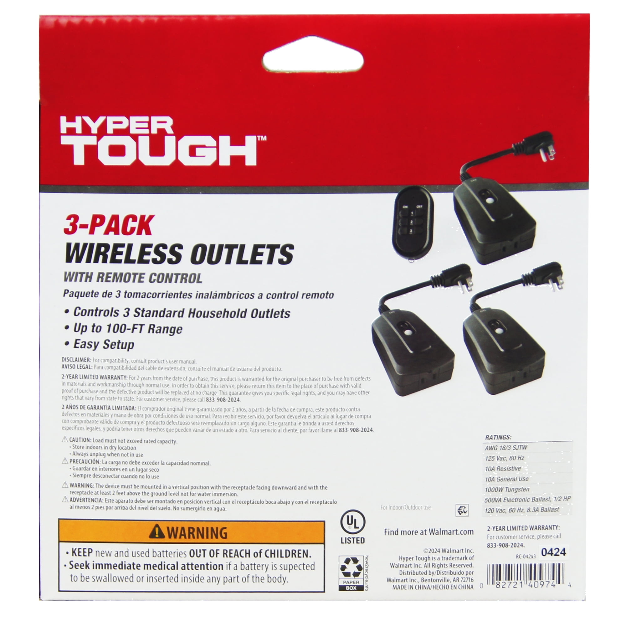 Hyper Tough Outdoor 3 Pack Remote Control and Each Receiver with 1-Outlet Wireless Remote Control, Black