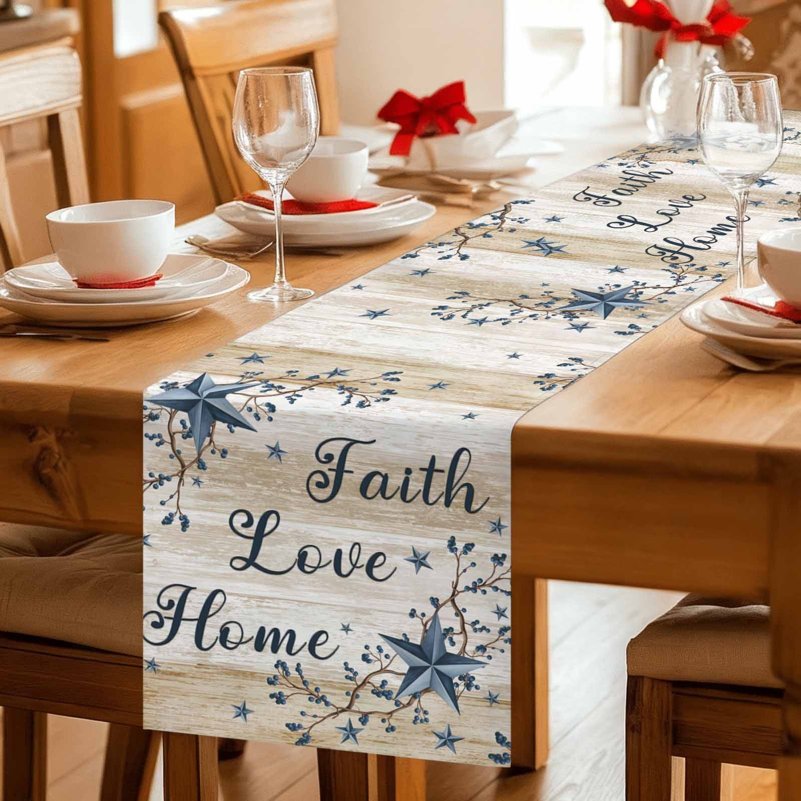Vintage Country Cotton Linen Table Runner for Dining Kitchen, Blue Rustic Texas Star Vines Wooden Grain Wedding Outdoor Party Tablerunners, Dresser Scarf Coffee Tablecloth Runners 13x60 Inches