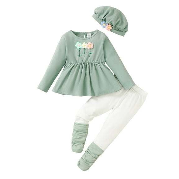 4T Baby Girls Clothes 4T Girls Pant Set Toddler Girls Long Sleeve Round Neckline Cute Flower Top Pants HAT 3PCS Set Green