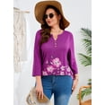 thumbnail image 2 of SHOWMALL Plus Size Floral Tops for Women, 3/4 Sleeve Button V Neck Vacation Tunic Blouse, Plum Hibiscus Border Print, Size 5X, 2 of 6