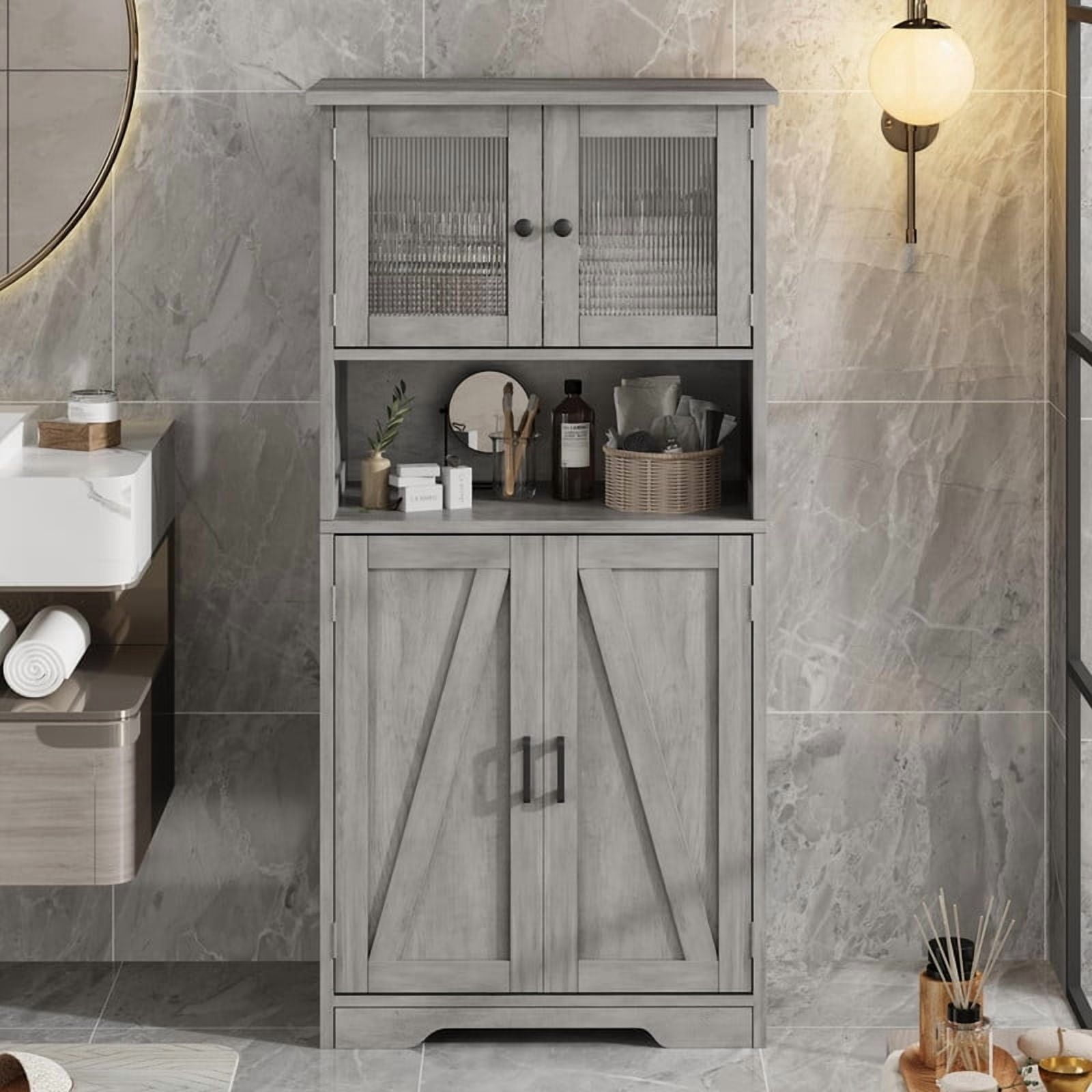 TROPOW Kitchen Pantry Cabinet, 50.4" Freestanding Storage Cabinet with Glass Doors and Adjustable Shelves, Wooden Cupboard, Large Floor Linen Cabinet for Bathroom, Living Room