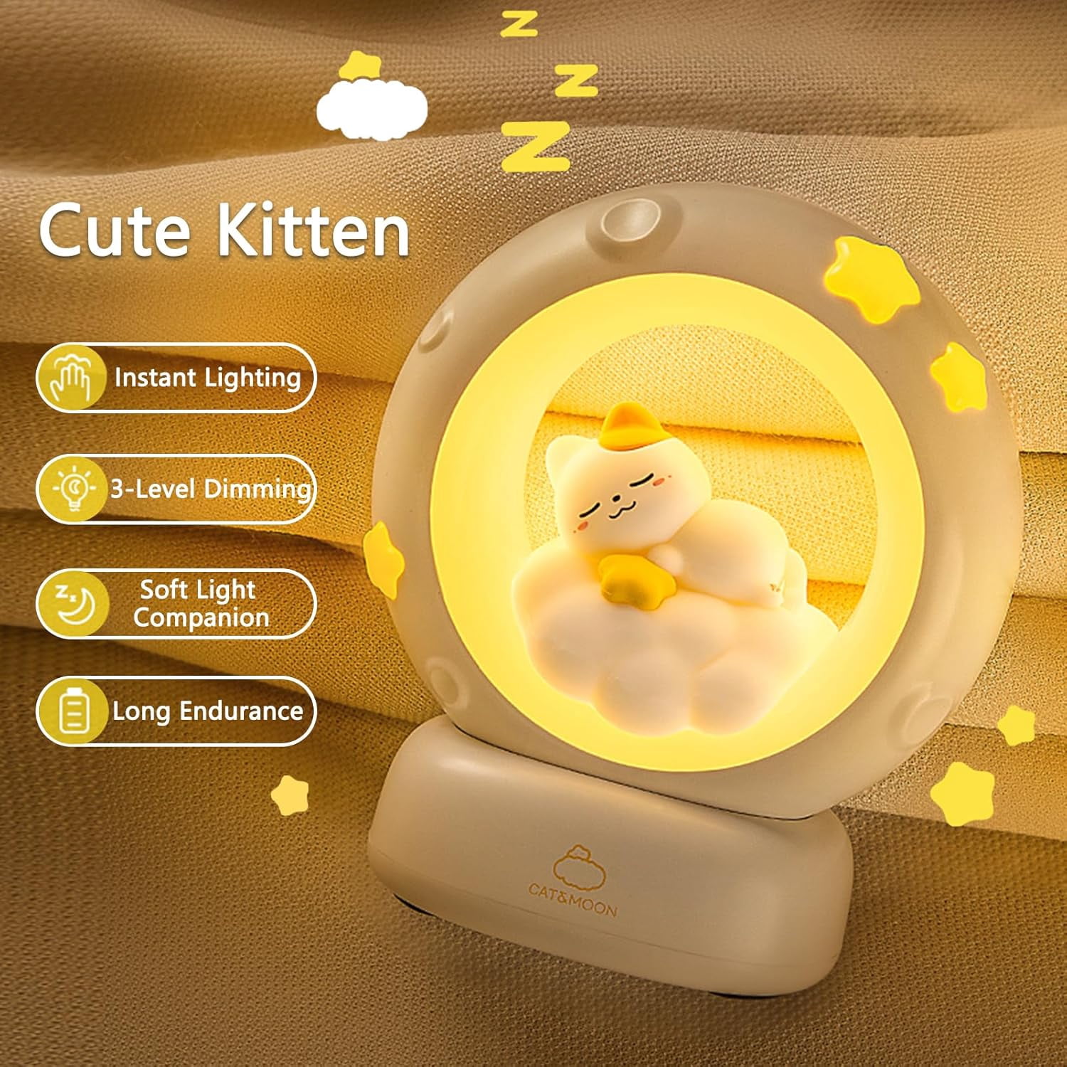 Space Kitty LED Night Light for Kids, Cute Cat Nursery Lamp with Touch Sensor, Dimmable Rechargeable Bedside Light, Animal Decor Gifts for Girls Baby Cat Lovers