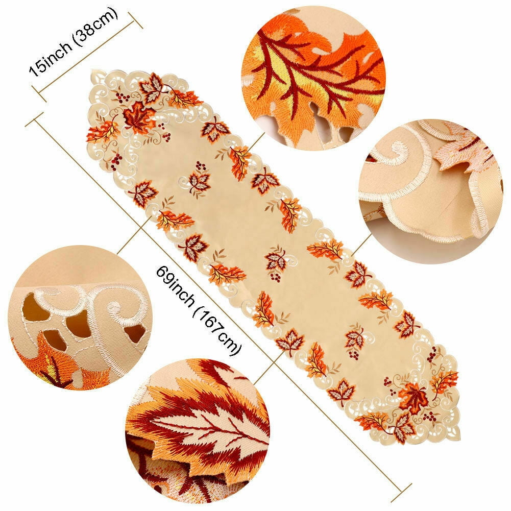 Coolmade 67 x 15 Inch Embroidered Maple Leaves Table Runner, Handmade Table Cover for Fall and Thanksgiving Party Decoration