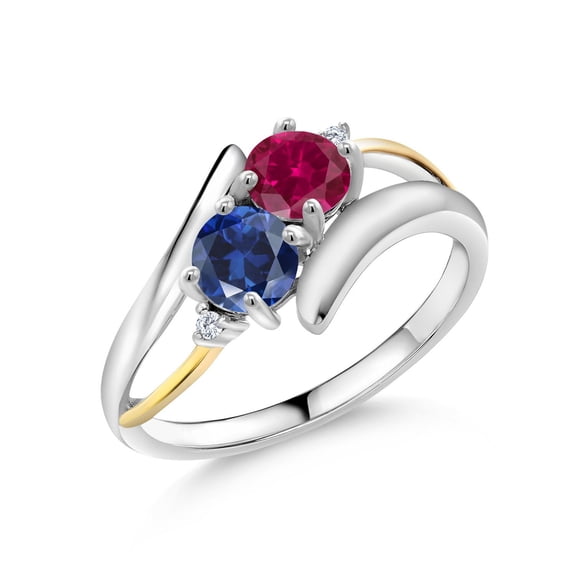 Gem Stone King 1.62 Ct Red Created Ruby Blue Created Sapphire 925 Silver and 10K Yellow Gold Lab Grown Diamond Two Stone Crossover Ring (Size 7)