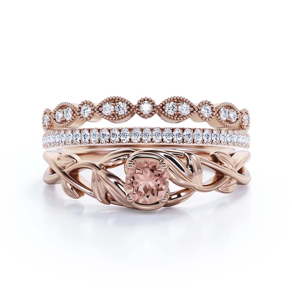 Gorgeous Boho & hippie 1.50 Carat Round Cut Morganite And Diamond Moissanite Leaf Inspired Engagement Ring, Wedding Ring in10k Solid Rose Gold, Promise Ring, Anniversary Ring, Trio Set, Matching Band