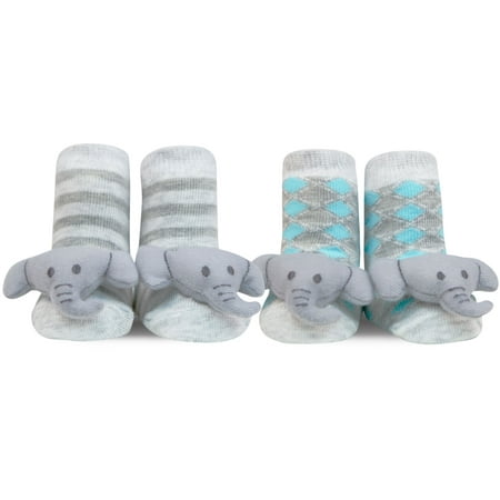 and Friends 2 Pack Unisex Designer Baby Socks Elephant Animal Newborn Booties 0-12 Months Baby Slippers Gray and Aqua with Sensory Baby Rattle Foot Finders Baby Shower Gift