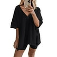 thumbnail image 2 of 2026 ! JINMGG Two Piece Outfits Women, 2026 Fashion Fall Fashion Women Casual Solid Short Sleeve V-Neck Loose Tops Nightwear Shorts Sleepwear Sets Black L, 2 of 7