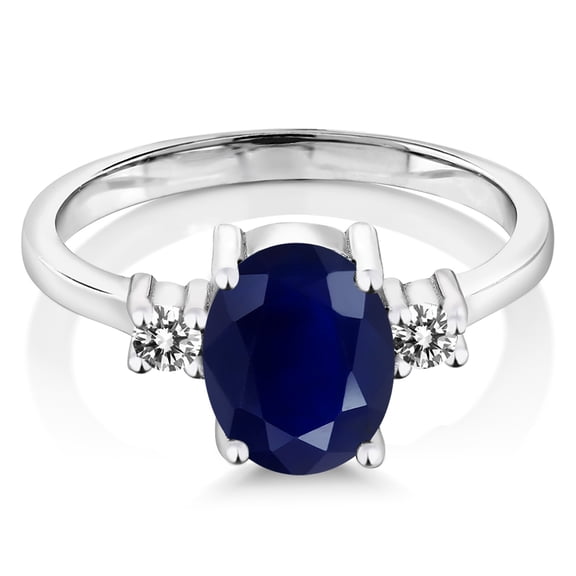 Gem Stone King 925 Sterling Silver Blue Sapphire and White Diamond 3-Stone Ring for Women (2.63 Cttw, Gemstone Birthstone, Size 8)