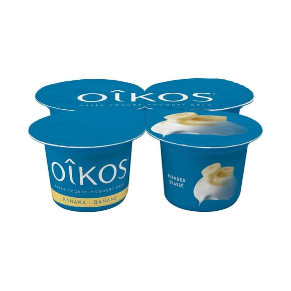 Oikos Greek Yogurt, Banana Flavour, 2% M.F., 4 x 100g Greek Yogurt Cups