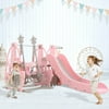 Hohaski 4 in 1 Kids Slide and Swing Set for Age 2y+, Indoor and Outdoor Toddler Playset with Basketball Hoop Climber, Outside Boys Girls Backyard Playground, Pink