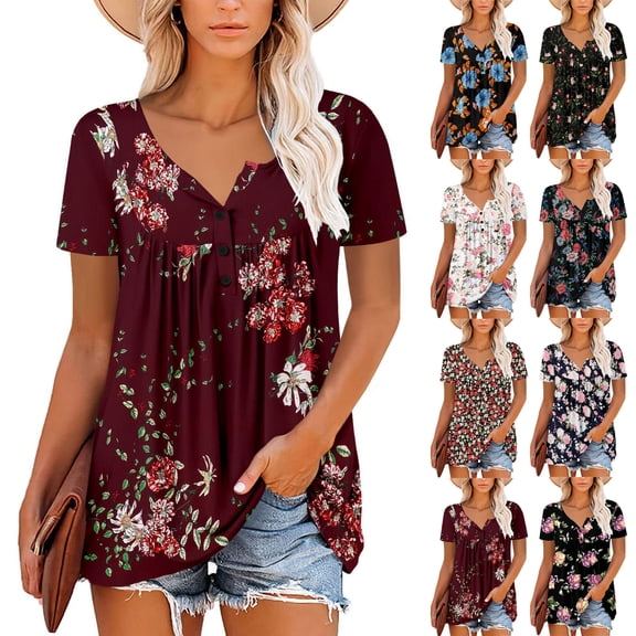 Fesfesfes Womens Oversized T Women's Summer Tunic Round Neck Floral Printed T- Casual Short Sleeve Blouse Pleated Tops With Ruffle Hem Womens T Shirt 4XL(US:16)