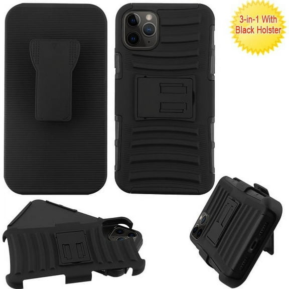 Apple iPhone 11 PRO Phone Case Belt Clip Holster Case 3 in 1 Heavy Duty Shockproof Protective Full Body Rugged Cover with Swivel Holder Holster and Kickstand [BLACK] Case Cover for Apple iPhone 11 Pro