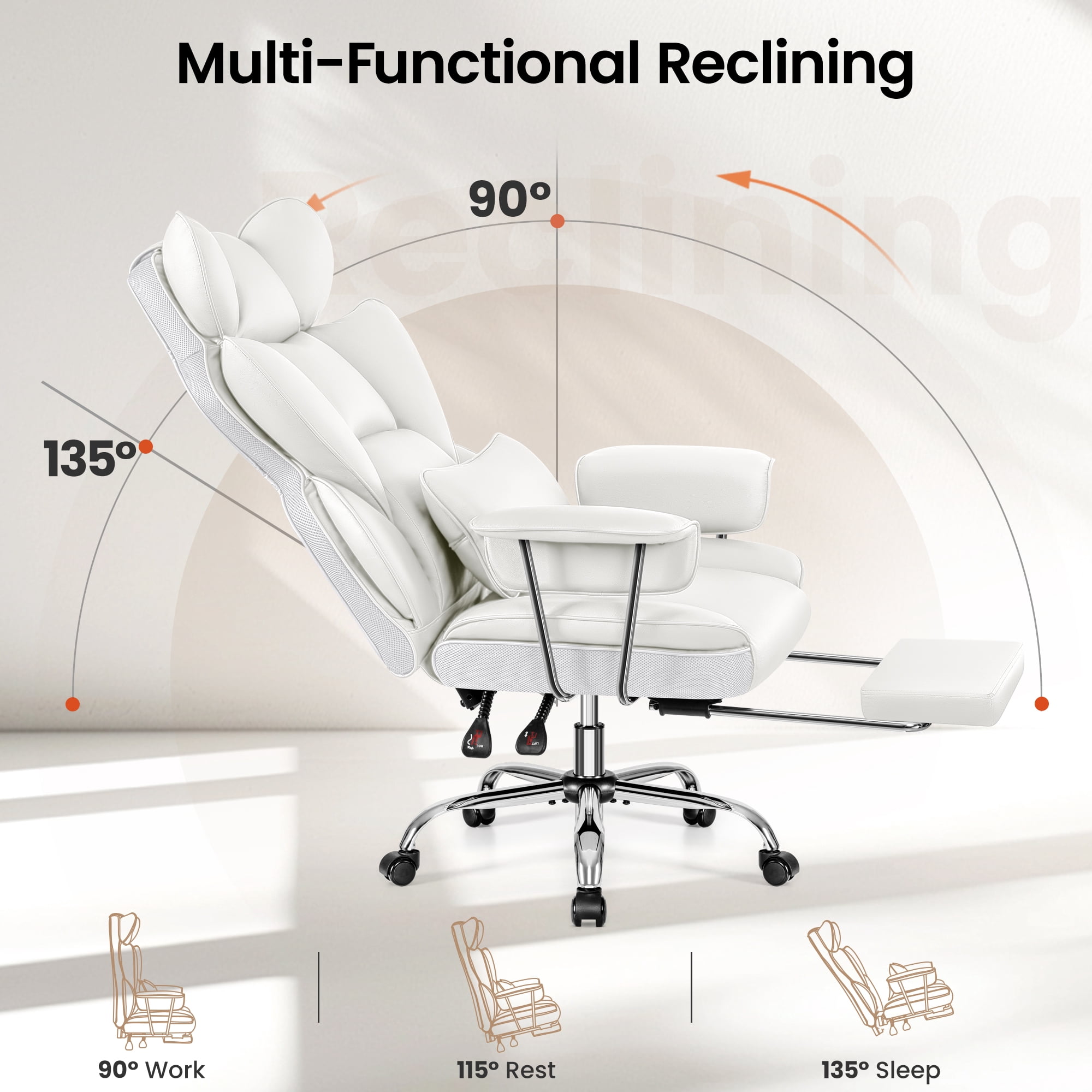 Primy High Back Office Chair, Big and Tall PU Leather Executive Chair with Footrest – Ergonomic Reclining Computer Desk Chair, High-Density Foam, Heavy Duty Swivel Rolling Chair, White