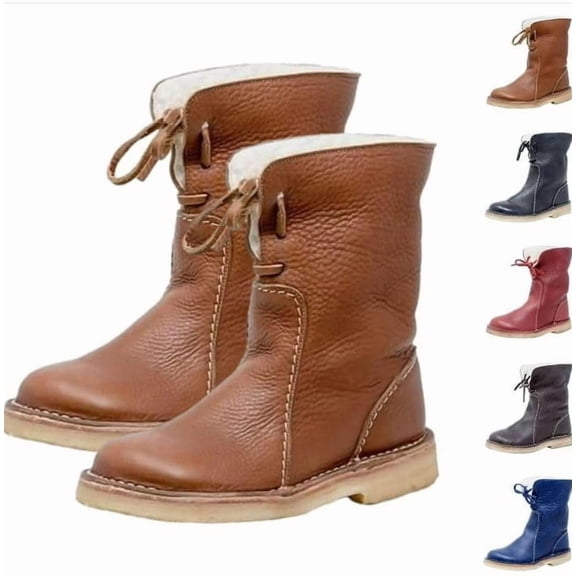 Women's Vintage PU Leather Snow Boots, Waterproof Warm Lining Mid-Calf Boots for Winter, Comfortable Retro Style Boots for Women