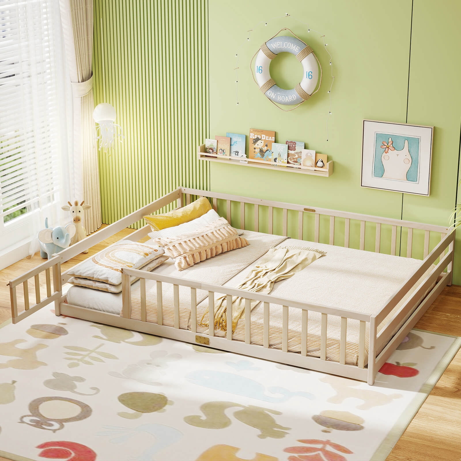 Costway Queen Size Floor Bed with Full Length Safety Guardrails & Door for Boys, Girls Natural