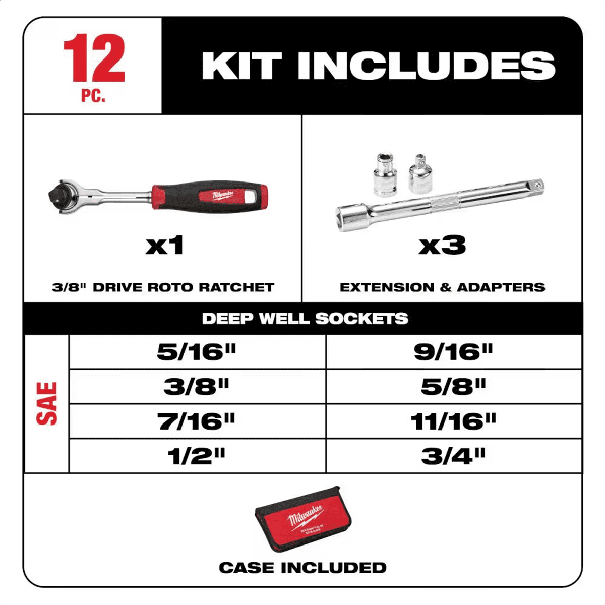 Milwaukee Tool 12pc 3/8" Drive SAE Socket Set