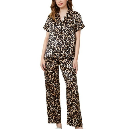 

Pajamas For Women Nightgown Plus Size Leopard Print Home Clothes Ice Silk Silk Short Sleeved Casual Nightdress Set Nightgowns For Women Satin Lace