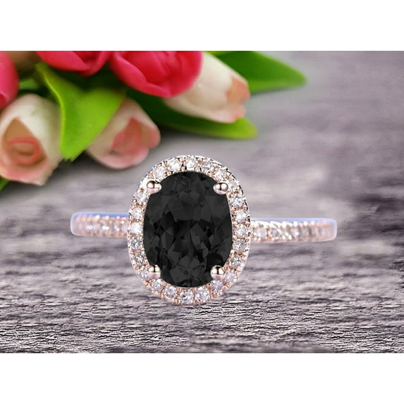 2 Carat Oval Cut Black Diamond Moissanite Halo Engagement Ring on 10k Rose Gold