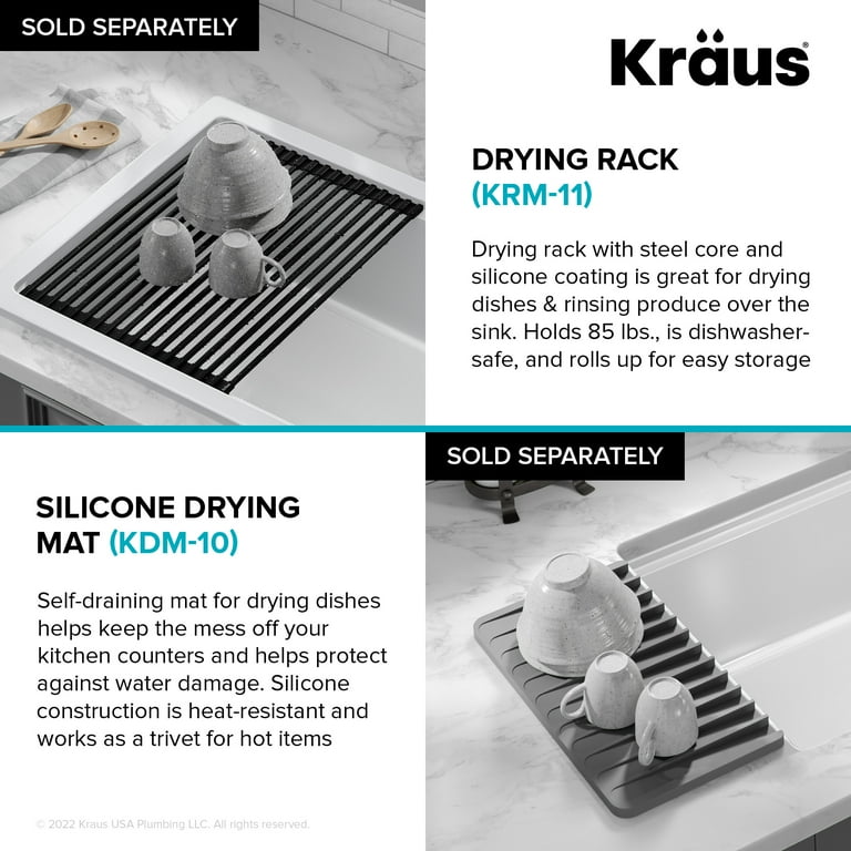 Kraus KDM-10DG Self-Draining Silicone Dish Drying Mat or Trivet for Kitchen Counter in Dark Grey