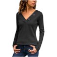 thumbnail image 2 of CEHVOM Mode Femmes Col en V à Boutons Uni Décontracté Ample Manches Longues T-shirt pour Femmes, 2 of 5