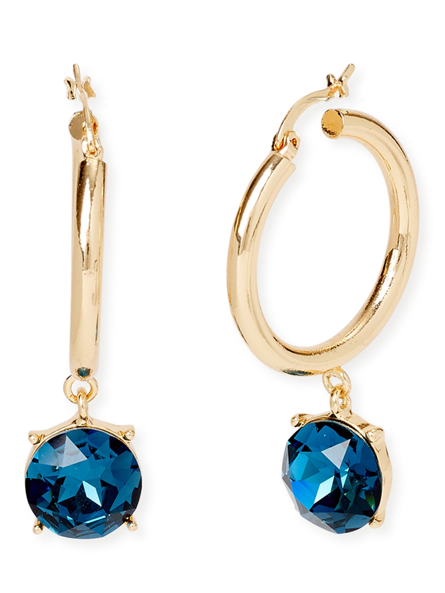 Blue glass earring with gold colored metal accents and hook