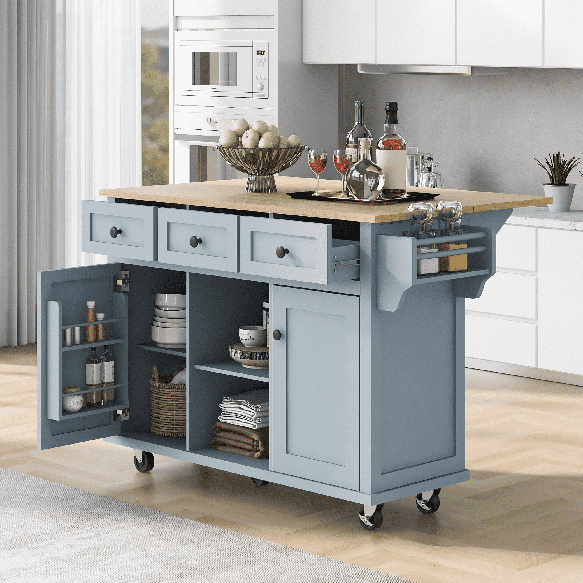 MAYEERTY Kitchen Island on 5 Wheels with Storage Cabinet & 3 Drawers for Dining Room, White