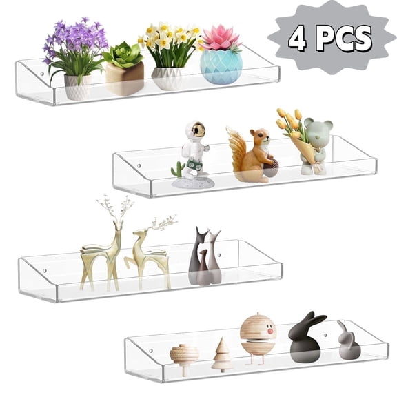 Kabuer Acrylic Floating Shelves,Clear Wall Storage Organizer,4-Pack 15-inch