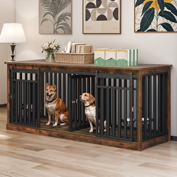 Craftian 71In Farmhouse Dog Crate TV Stand, Wooden Dog Kennel Furniture with 4 Dog Bowls, Large Dog Crate Furniture for 2 Dogs - Rustic Brown