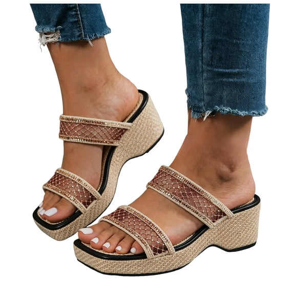Rokment Women's Sparkly Sequin Platform Wedge Backless Slippers Sandals Fashion Casual Mesh Wide Width Square Toe Chunky Heeled Dress Slip on Comfortable Walking Slides Heels Boho Beach Brown Size 6