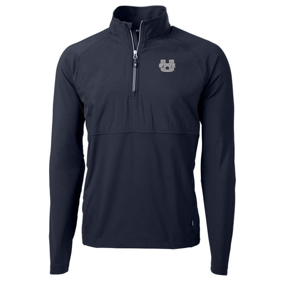 Men's Cutter & Buck Navy Utah State Aggies Adapt Eco Knit Hybrid Recycled Quarter-Zip Pullover Top