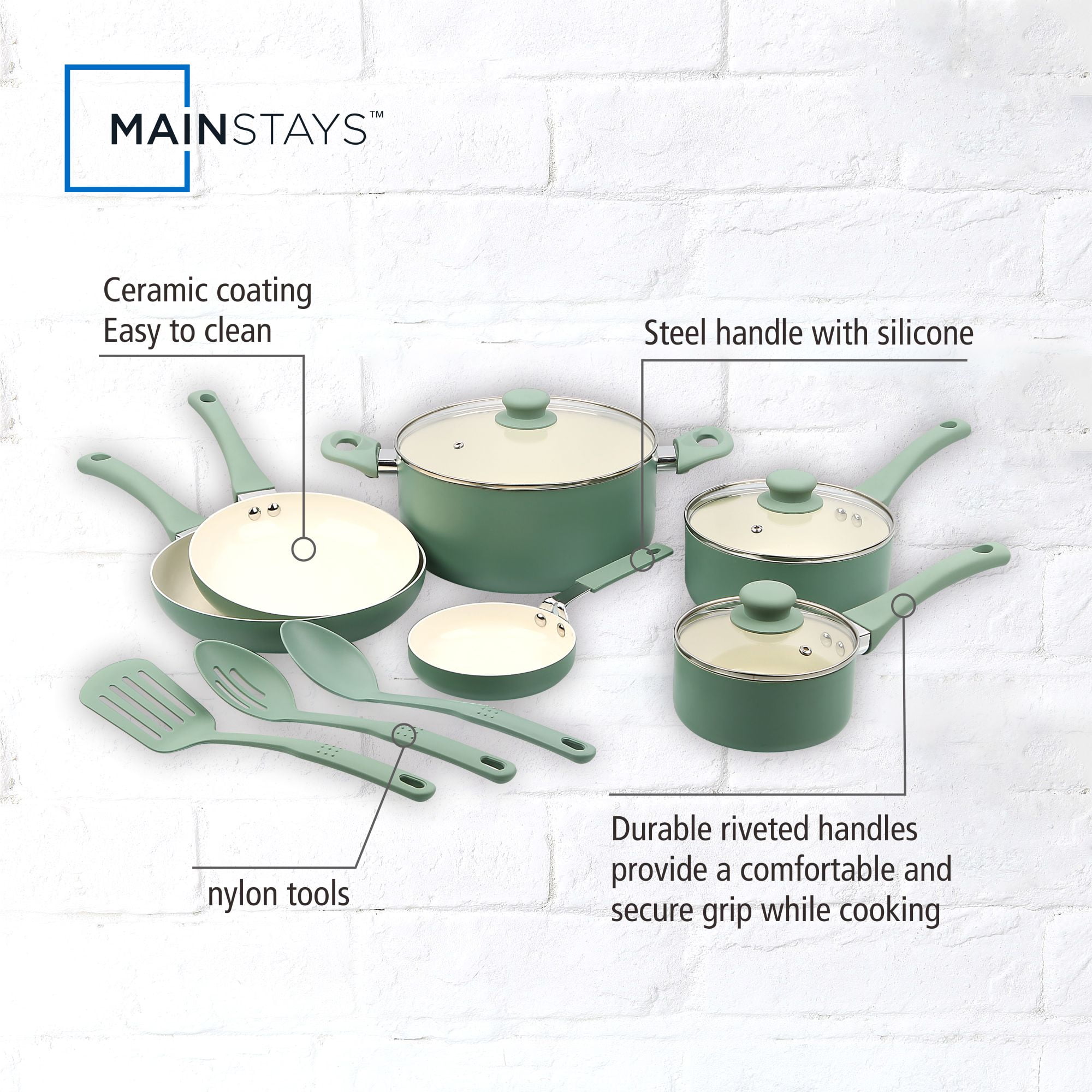 Mainstays Ceramic Aluminum, 12 Piece, Pots and Pans Cookware Set Green Nonstick