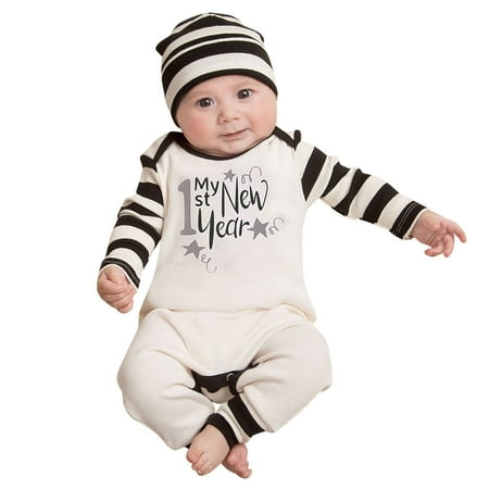 

My First New Year Clothes Baby Boy Girl New Year Outfits Stripes Letter Printed Romper Jumpsuit Hat Headband Outfits Set