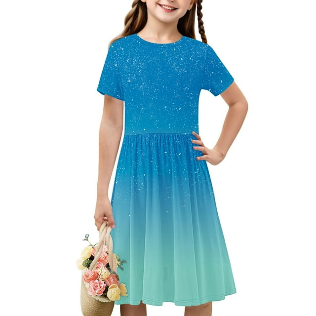 Économies d'Été! Robe d'Été pour Enfants, Robes Décontractées pour Filles en Liquidation, Robe Mignonne à Manches Courtes Imprimée Dégradée Extensible pour Tout-Petits Filles