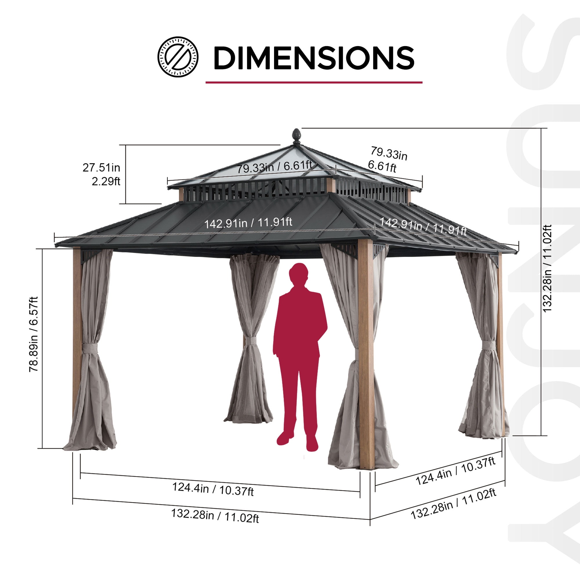 Sunjoy 12x12 Gazebo, Steel & PC Roof Hardtop Gazebo with Curtain and Netting,Kingston Series, Aluminum Posts