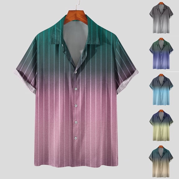 FRSASU Men's Vintage Bowling Shirts Hawaiian Casual Short Sleeve Button Down Stripe Printed Beach Shirt Summer Gradient Tops Yellow