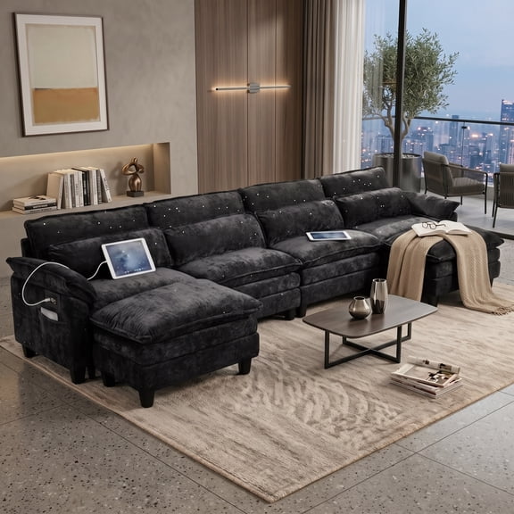 Howcool 148" Modular Sectional Sofa, 6 Seat U Shaped Cloud Couch with 2 Movable Ottomans, Deep Seat Chenille Sectional Couch with Washable Removable Covers for Living Room, Black