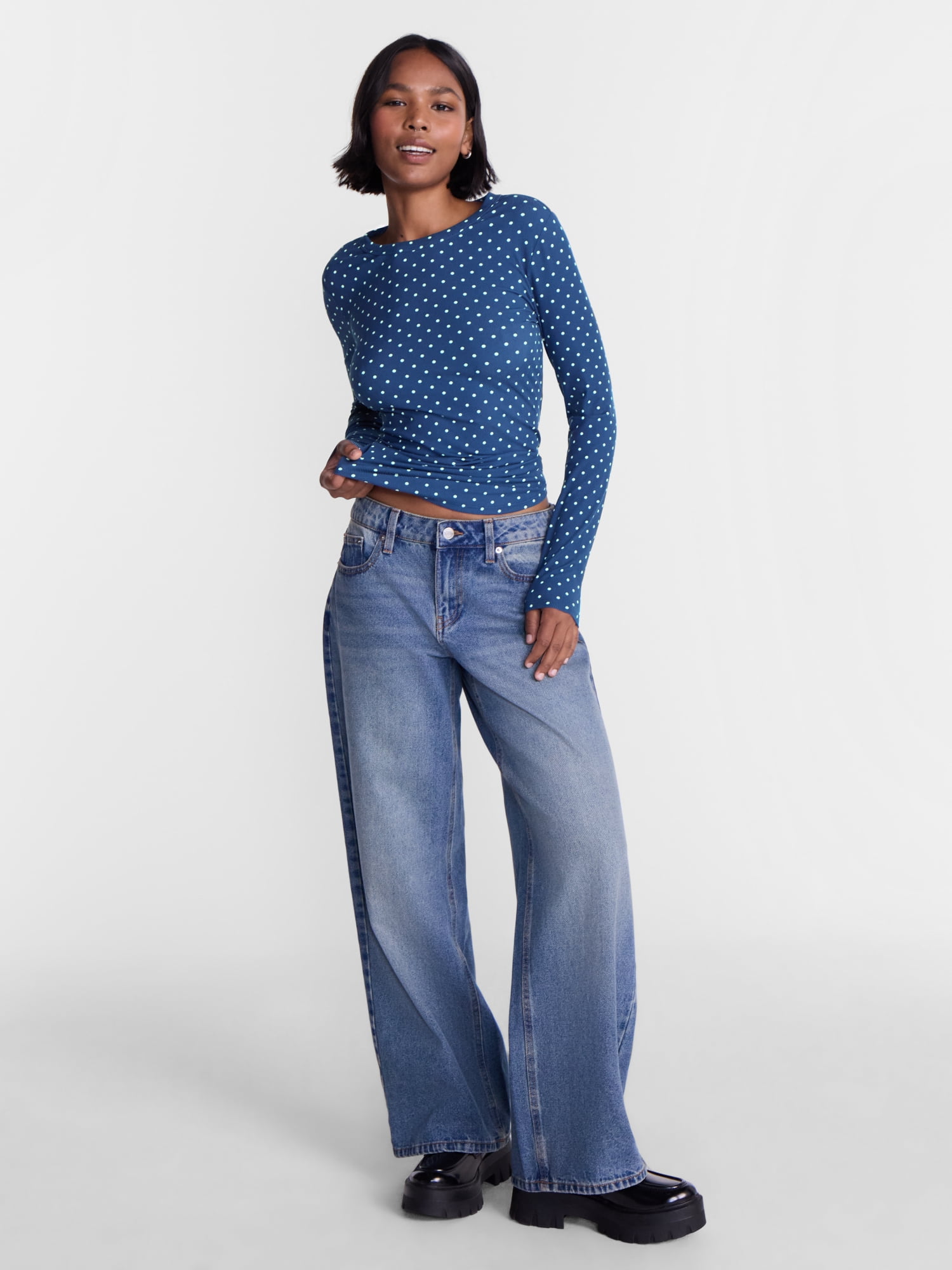 No Boundaries Ribbed Crewneck Tee with Long Sleeves, Women's and Women's Plus XXS-4X