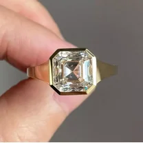 7mm Asscher Cut VVS1 Moissanite Bezel Engagement Ring 14k Yellow Gold Plated