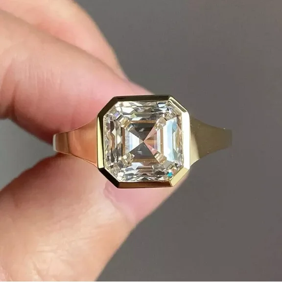 7mm Asscher Cut VVS1 Moissanite Bezel Engagement Ring 14k Yellow Gold Plated