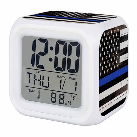 Blue American Flag Digital Alarm Clock for Bedrooms,Smart LED Alarm Clock with 7 Color Night Light,Black White Stripe US Flag Retro Wooden Silent Wake Up Clocks for Sleep Study Cooking 3.2x3.2