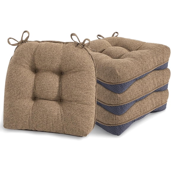 Chair Cushions for Dining Chairs, Non-Slip Backing, 15.5" x 15.5" x 4", Set of 4, Indoor Memory Foam Kitchen Chair Pads Ergonomic Seat Cushion with Ties (Brown)