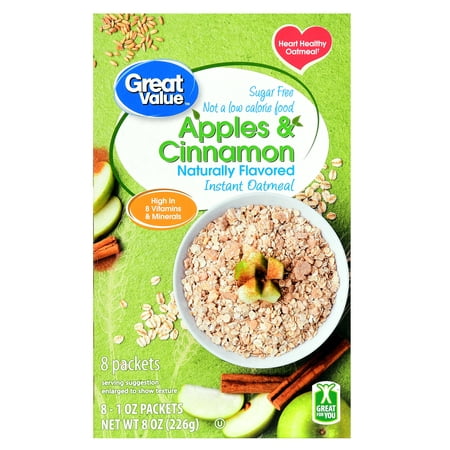 Great Value Instant Oatmeal, Apples & Cinnamon, Sugar Free, 8 oz, 8