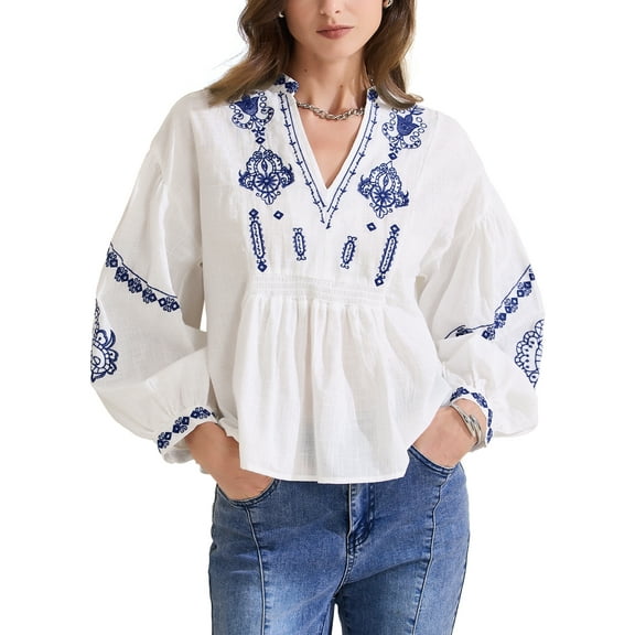 DARING DIVA Women's V Neck Boho Mexican Embroidered Top S White