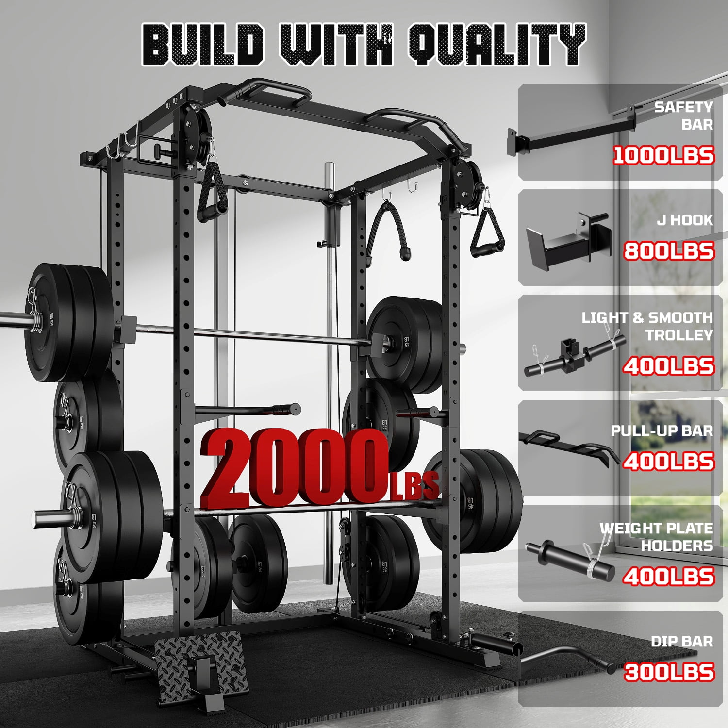 MITONOS Power Cage, 2000LB Squat Rack with Cable Crossover System, Multi-Function Weight Cage, Home Gym Workout Machine with More Training Attachments, BK