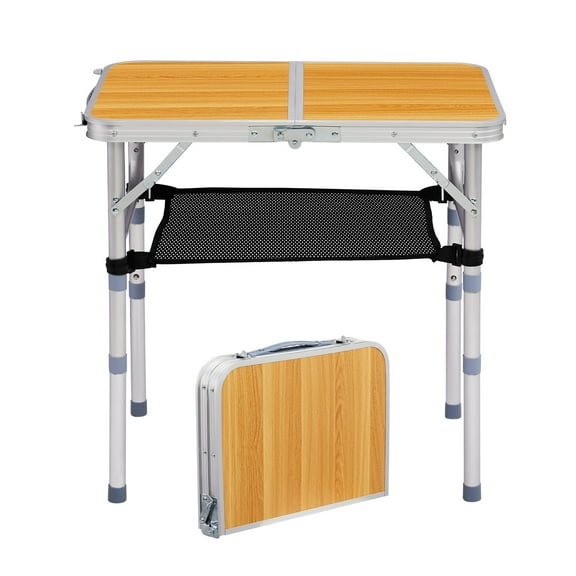 Ktaxon 2' Portable Folding Table with Adjustable Mesh Storage Bag, 3 Level Height Adjustable Camping Picnic Table with Metal Frame & Handle, Woodgrain