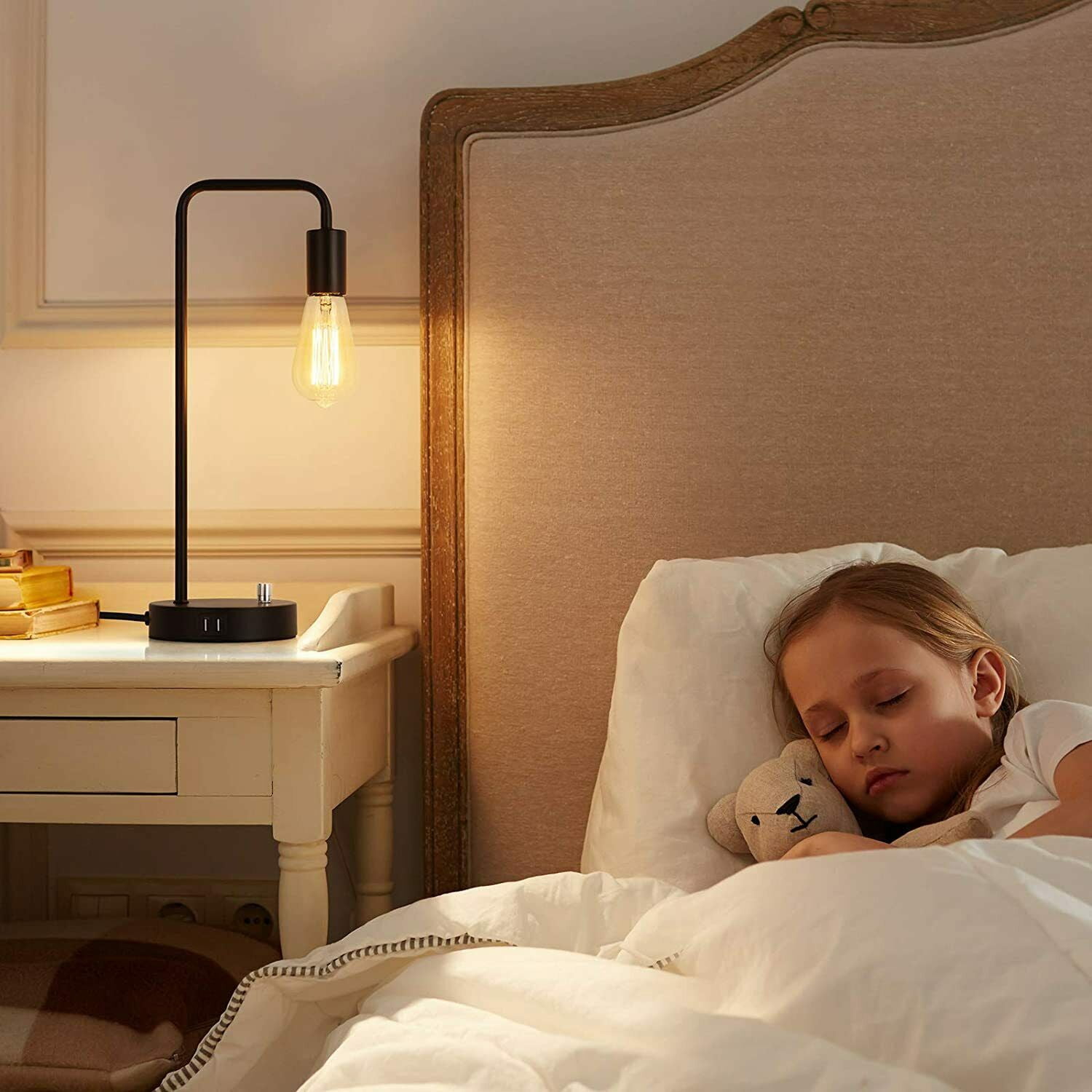 Industrial Bedside Table Lamp with 2 USB Charging Ports, Black