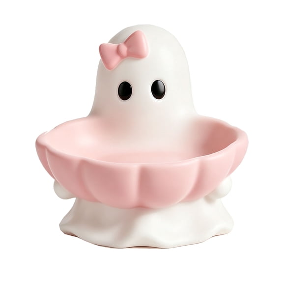 Pink Halloween Decor Ghost Candy Bowl Figurine with Bow and Scalloped Holder for Indoor Tabletop Decor and Party Favor Display