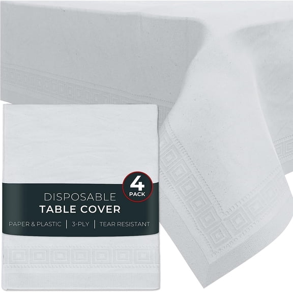 Paper Tablecloths for Rectangle Tables | 54” X 108” – 4 Pack | White Paper Disposable Tablecloth | 3-Ply Premium Paper & Plastic Table Cloths for Parties Disposable